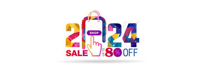 Vector file of 2024 new year online digital shopping sales advertising website banner. discount deal and 80% off, offer trendy colorful modern logo unit design.