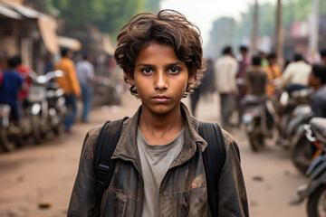 Portrait of tamil boy at busy indian or pakistan city street. Pakistani teenager looks at camera - obrazy, fototapety, plakaty