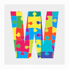 Colorful puzzle letter - W. Jigsaw creative font