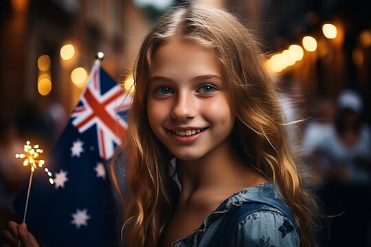 Joyful Australian Girl with Flag. Festive Street Celebration of Australia Day Traditions, banner