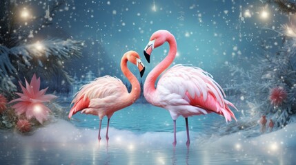  a couple of pink flamingos standing next to each other on top of a body of water in front of a snow covered forest.