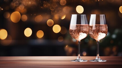 Sparkling pink rose champagne glasses with bokeh lights   new year and valentine s day celebration - obrazy, fototapety, plakaty