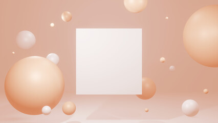 Clean Backdrop with Peach 3D Spherical Shapes, Trend Color, White Framed Center for Text, Ideal for Modern Product Presentations and Innovative Designs