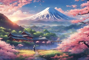 Naklejka premium japanese anime view nature landscape wallpaper hd aesthetic image