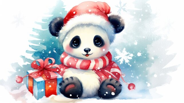  a painting of a panda bear wearing a santa hat and scarf with a gift box in front of a christmas tree.