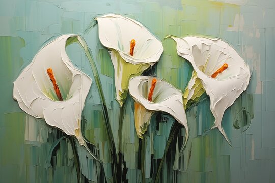three white flowers orange stems vase big lilies fluid details blue green tones aesthetics paint smears thick impasto