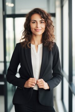 confident professional business woman, happy female executive manager standing in office arms crossed looking at camera, portrait