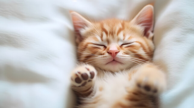 Slumbering Kitten: A Heartwarming Image of a Baby Cat Asleep on a Bed, Symbolizing Peace and Comfort