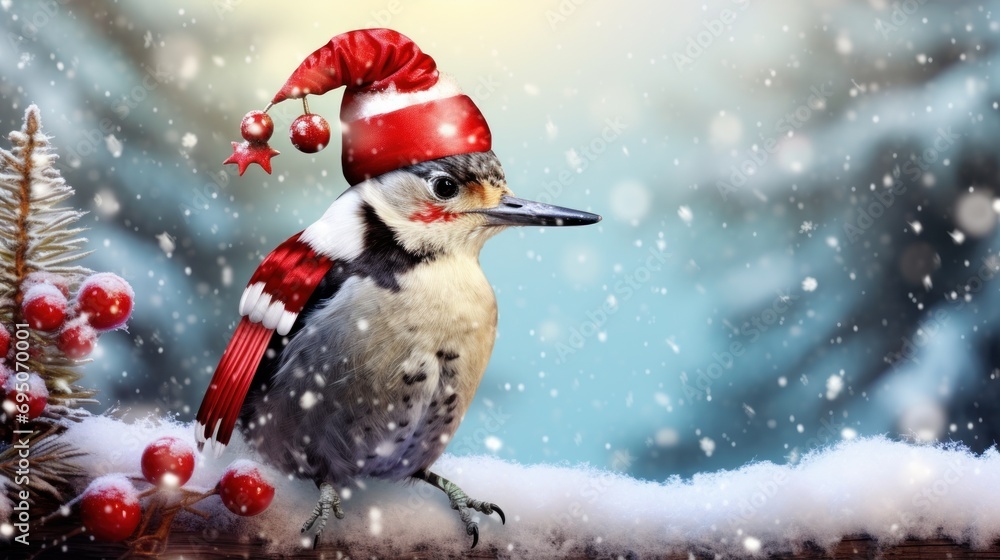 Poster a bird with a red and white hat is sitting on a branch of a christmas tree in a snowy scene.