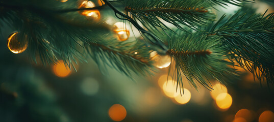 "Emerald Glow, Close-Up of Pine Tree Branches with Backlit Lights
