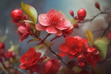 Beautiful Red flowers on a fruit tree Generative ai