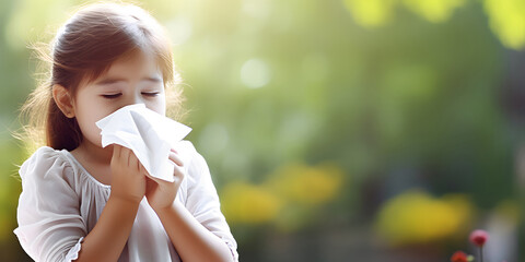 Little girl blowing nose into handkerchief due to allergy symptoms against backdrop of nature in spring season