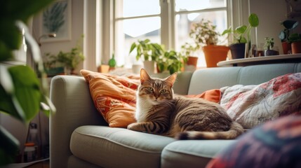 Cute fluffy cat in a cozy interior scandinavian house full of green plants