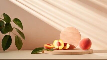  a sliced peach sitting on top of a cutting board next to a sliced peach on top of a cutting board.