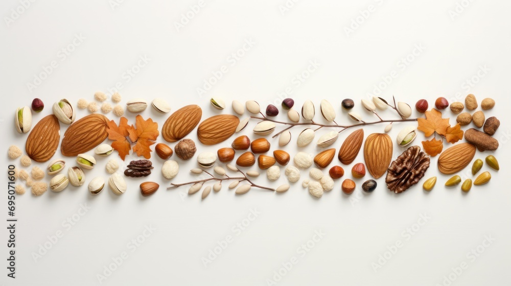 Poster  a variety of nuts and nutshells laid out in a row on top of each other on a white surface.
