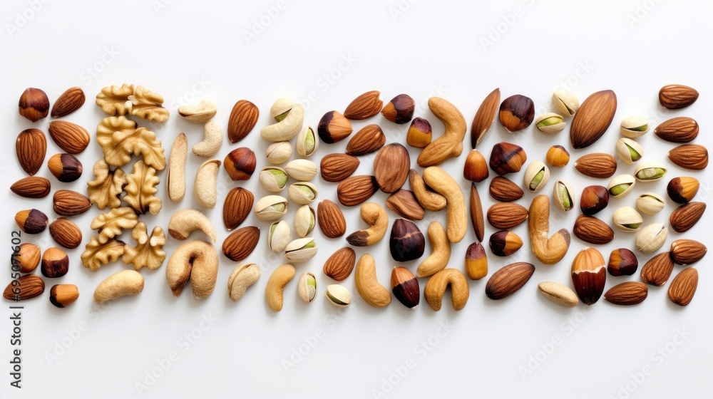 Poster a group of nuts arranged in the shape of the word nuts on a white background with the word nuts spel