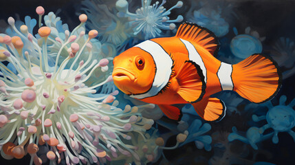 Fototapeta na wymiar A painting of a clown fish in an aquarium with anemone