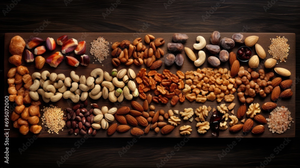 Poster a wooden cutting board topped with lots of different types of nuts and nuts kernels on top of each o