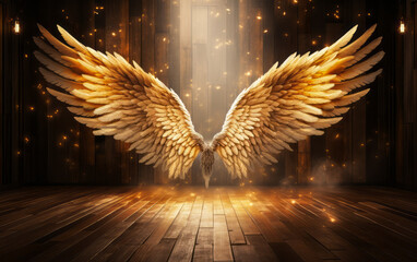 Majestic golden angel wings spread wide open in a wooden room with ethereal light and sparkling dust, symbolizing freedom, spirituality, and guidance