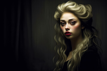 Fototapeta premium Enigmatic woman with voluminous curly hair and a deep gaze, dressed in black, against a smoky dark backdrop, exuding mystery and elegance