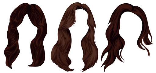 set of templates of brunette female, long hair for female characters, cascade hairstyle, vector illustration - obrazy, fototapety, plakaty