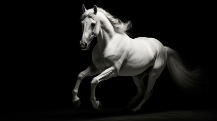 a white horse galloping in the dark with its front legs spread out and it's rear legs spread out.