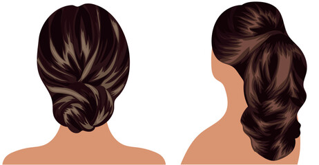 set of templates of brunette female, long hair for female characters collected in various hairstyles, vector illustration