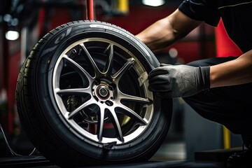 Car wheel replacement by skilled mechanic at professional tire mounting workshop - obrazy, fototapety, plakaty