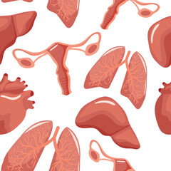 seamless pattern with medical outline of internal, human, healthy organs, namely liver, lungs, uterus and heart