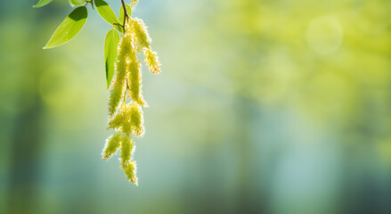 Birch catkins hanging on tree twig in spring park close up on green nature blurred background with copy space. Pollen of spring flowering allergies concept. - obrazy, fototapety, plakaty