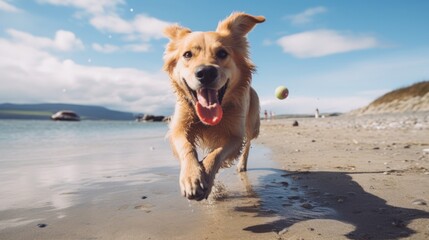 Joyful Dog Playing Fetch on Sandy Beach
