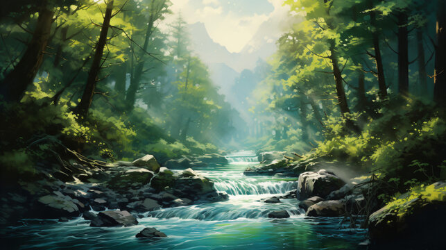 A painting of a river running through a lush green forest