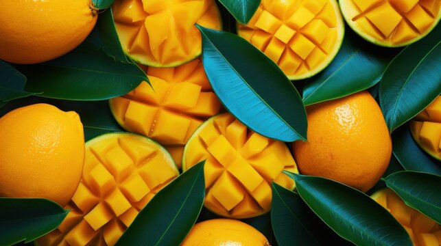  a pile of oranges with green leaves on top of them and a pineapple cut in half on top of them.