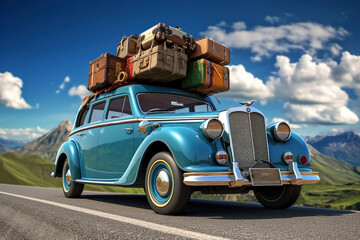 Old timer car with vintage suitcases on roof