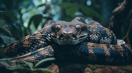 Obraz premium Coiled Python in Rainforest Habitat