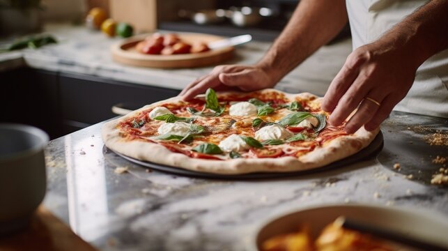 "Artisan Neapolitan Pizza Being Prepared on Marble Countertop"