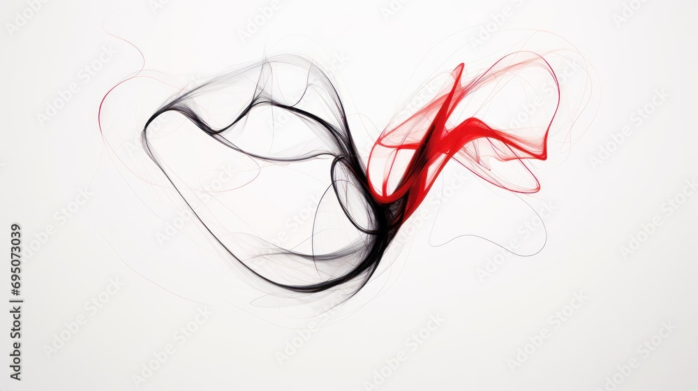 Poster a white background with a red and black swirl on the left side of the image and a white background w