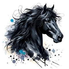 Horse head. Black stallion. Portrait. Watercolor paint. Isolated illustration on a white background. Banner. Close-up. Generative AI