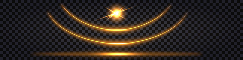 Neon glowing  sticks, golden light shiny lines , thunder bolt, lightning shock effect. Yellow glowing arc, border, divider, electric strike flash explosion. Vector illustration; isolated transparent - obrazy, fototapety, plakaty