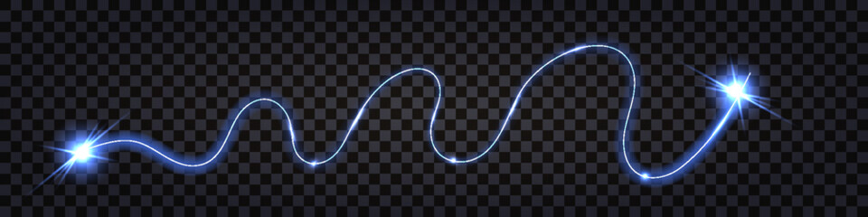 Neon glowing swirl waves, electric impulse cable lines, thunder lightning bolt,  blue light effect, electric discharge lines  with strike collision. Vector illustration, isolated transparent design