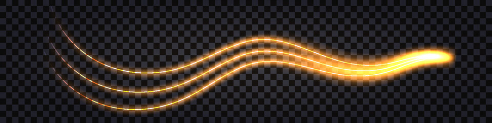 Glowing light wave swirl, fiery orange and yellow trail, neon glow effect. Lightning thunder bolt; dynamic impulse; electric shock; flash explosion. Isolated transparent vector illustration - obrazy, fototapety, plakaty