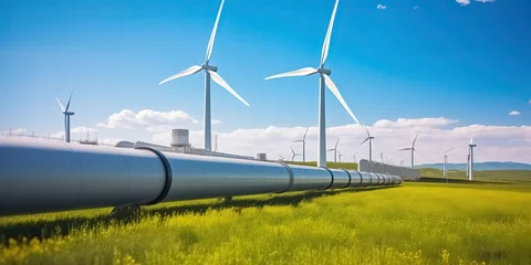 Schilderijen op glas Hydrogen pipeline and wind turbines in green field, Electricity production, Green energy concept © Tasnim