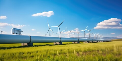 Hydrogen pipeline and wind turbines in green field, Electricity production, Green energy concept