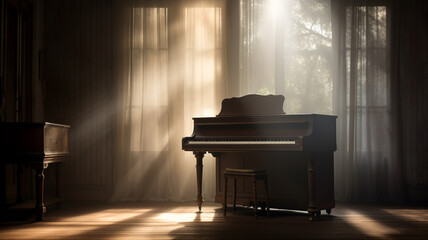 the old piano on a dark background with a beautiful light