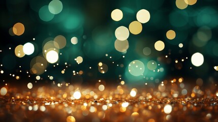 Golden yellow and emerald green glitter lights bokeh background for celebration with copy space - obrazy, fototapety, plakaty