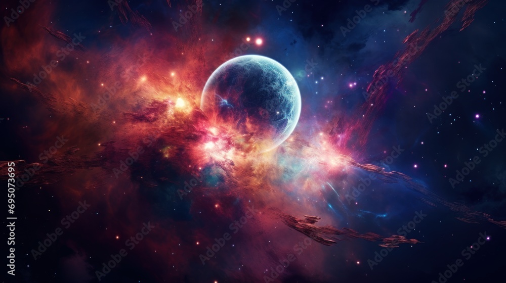 Poster an image of a space scene with a distant object in the foreground and a distant object in the backgr