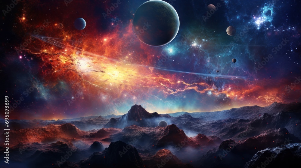 Poster an artist's rendering of planets in the sky with a mountain in the foreground and a distant star in 