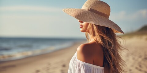 side view of attractive young woman in straw hat on sandy beach  - obrazy, fototapety, plakaty