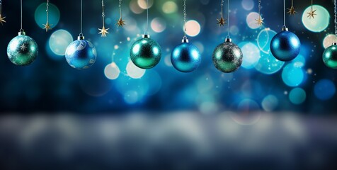 New Year banner with Christmas balls, green and blue shiny glitters glowing background with copy space, Merry Christmas ornament baubles banner.