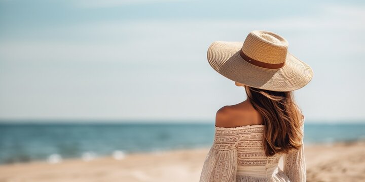 side view of attractive young woman in straw hat on sandy beach 